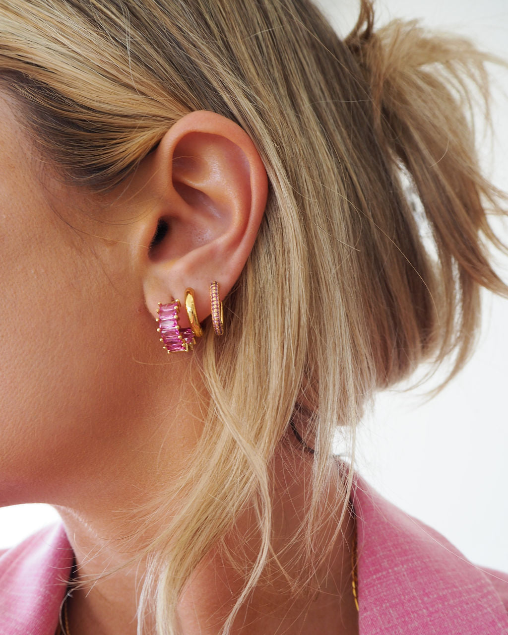 Pave Chain Link Huggies- Pink- Gold