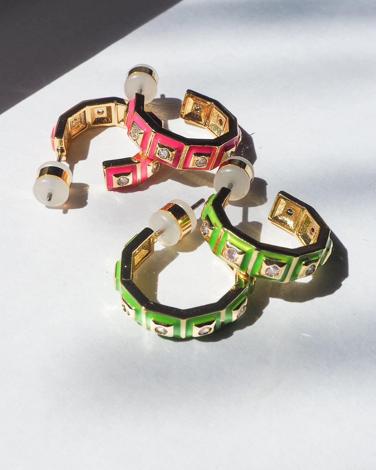 Mini Pyramid Stud Hoops- Bright Green- Gold