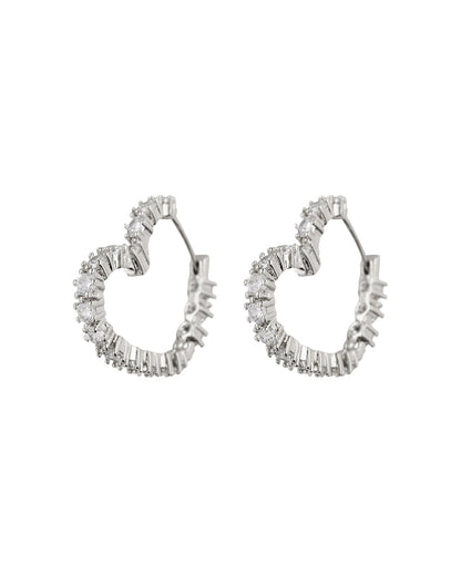 Diamond Heart Bijoux Hoops- Silver