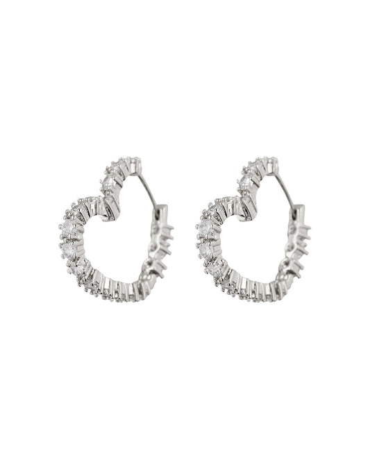 Diamond Heart Bijoux Hoops- Silver