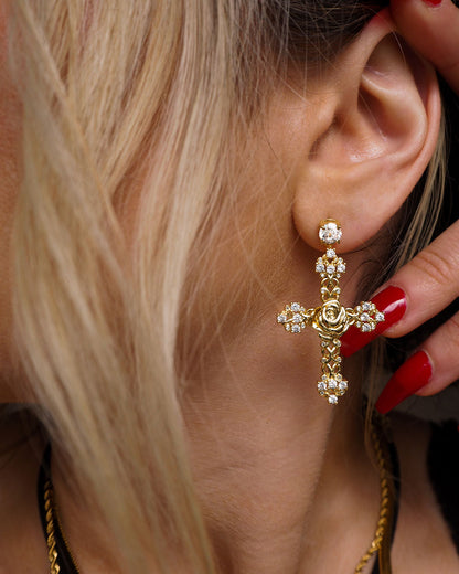 Rosa Cross Statement Earrings- Gold