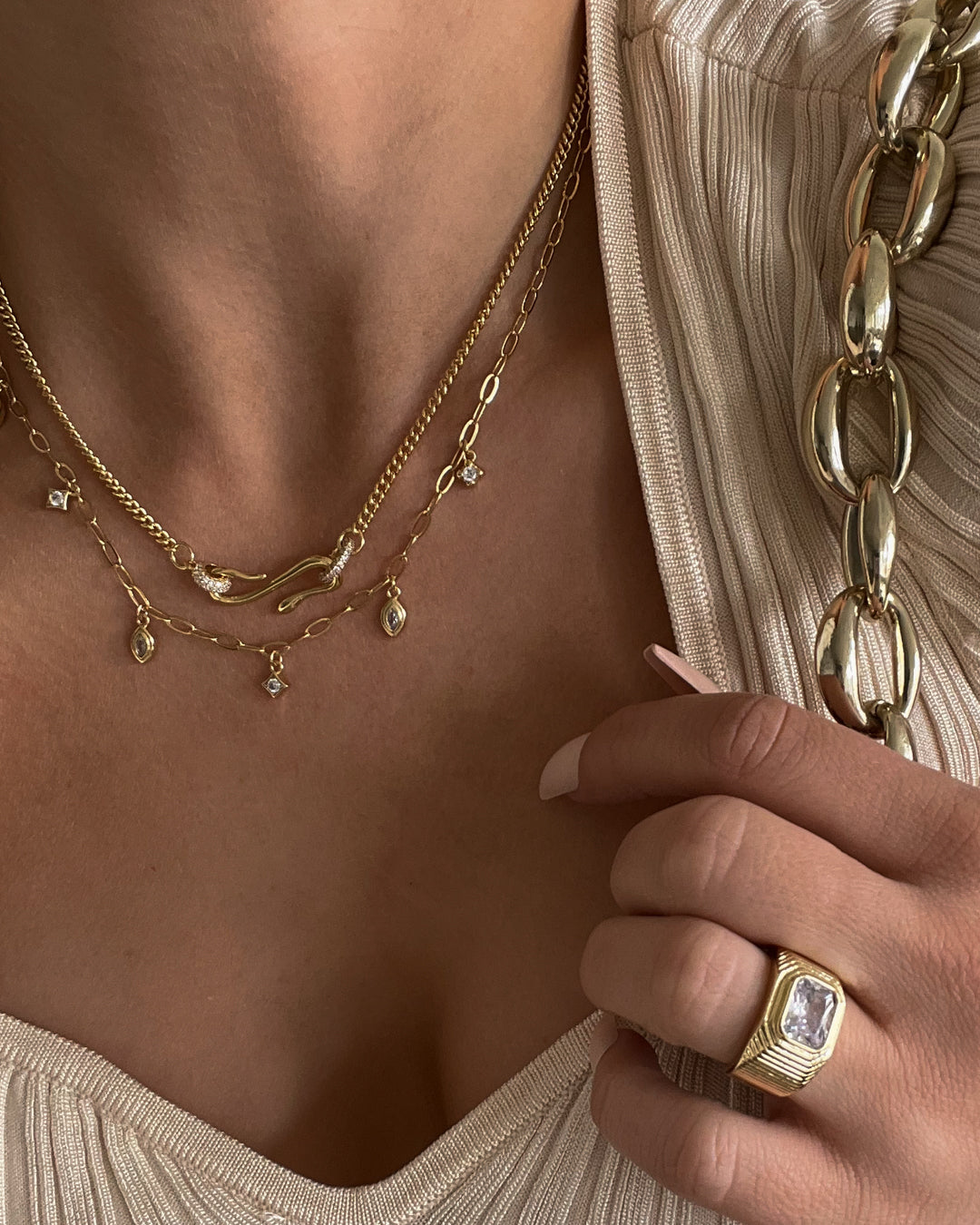 Pave Hook Charm Necklace- Gold