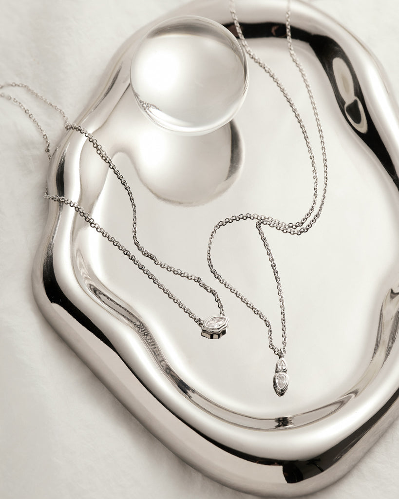 Stellar Bezel Charm Necklace Set- Silver