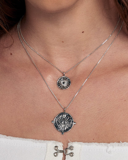 Evil Eye Double Coin Necklace- Silver