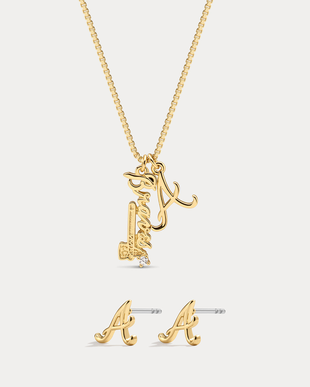 Bijoux MLB Logo Studs & Layered Nameplate Necklace Bundle - Gold
