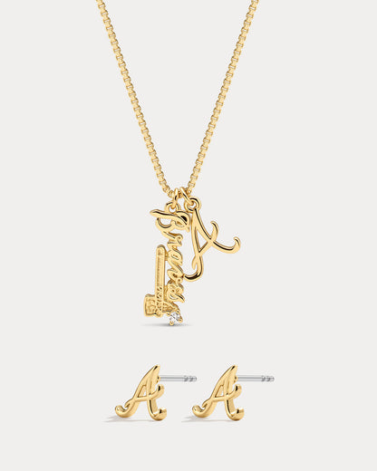 Bijoux MLB Logo Studs & Layered Nameplate Necklace Bundle - Gold