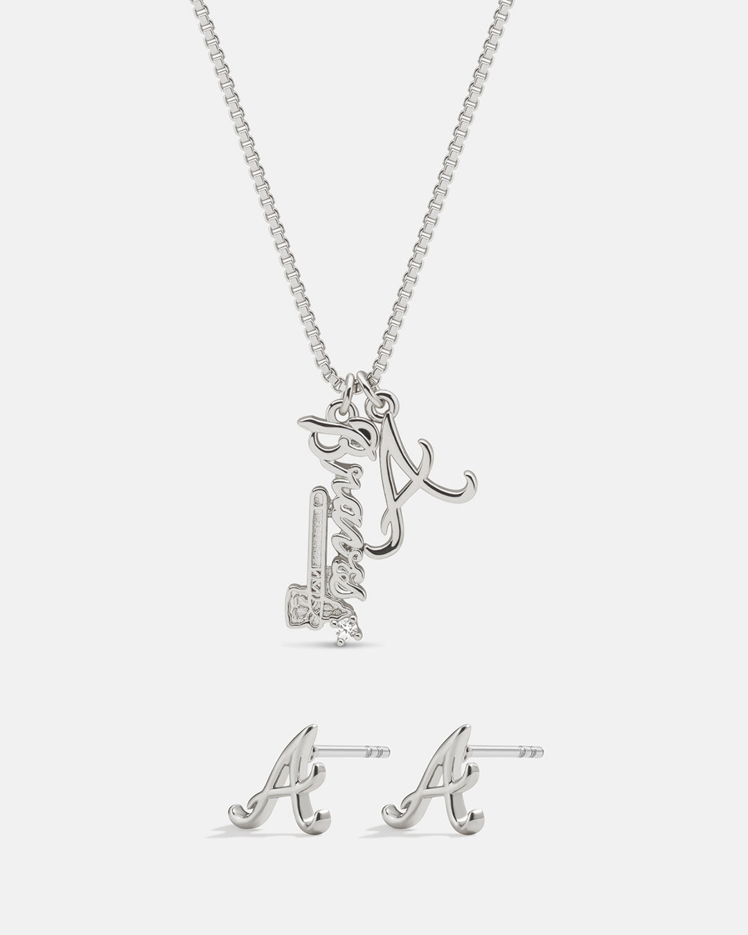 Bijoux MLB Logo Studs & Layered Nameplate Necklace Bundle - Silver