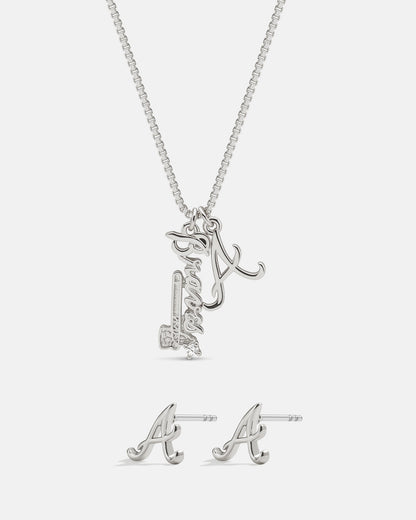 Bijoux MLB Logo Studs & Layered Nameplate Necklace Bundle - Silver