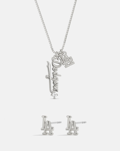 Bijoux MLB Logo Studs & Layered Nameplate Necklace Bundle - Silver