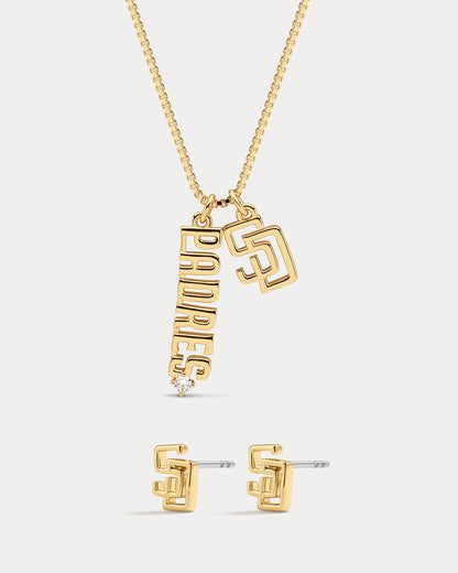 Bijoux MLB Logo Studs & Layered Nameplate Necklace Bundle - Gold