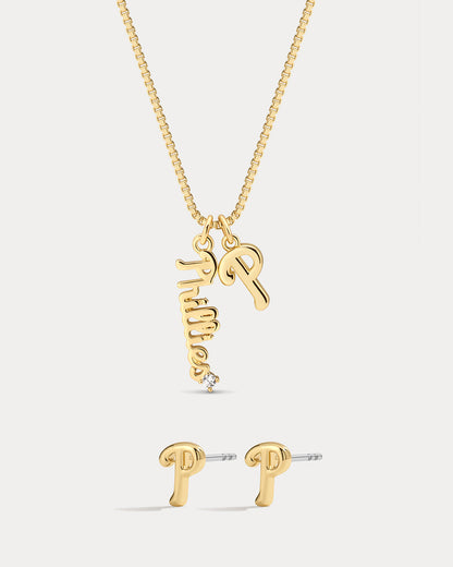 Bijoux MLB Logo Studs & Layered Nameplate Necklace Bundle - Gold