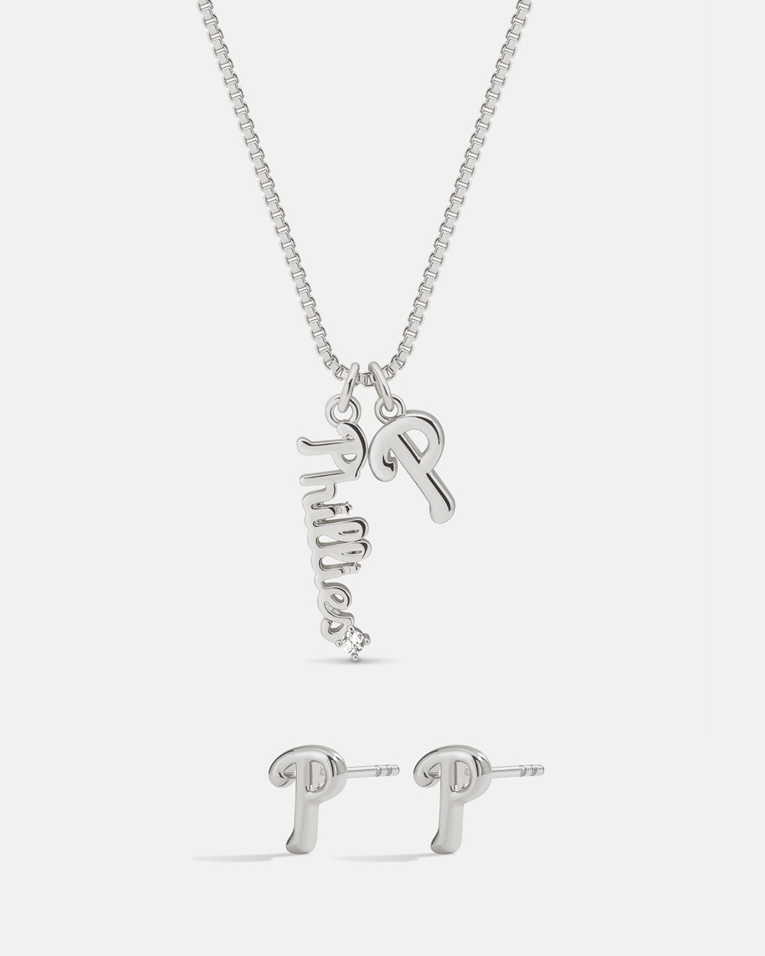 Bijoux MLB Logo Studs & Layered Nameplate Necklace Bundle - Silver