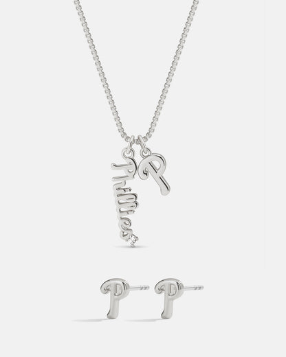 Bijoux MLB Logo Studs & Layered Nameplate Necklace Bundle - Silver