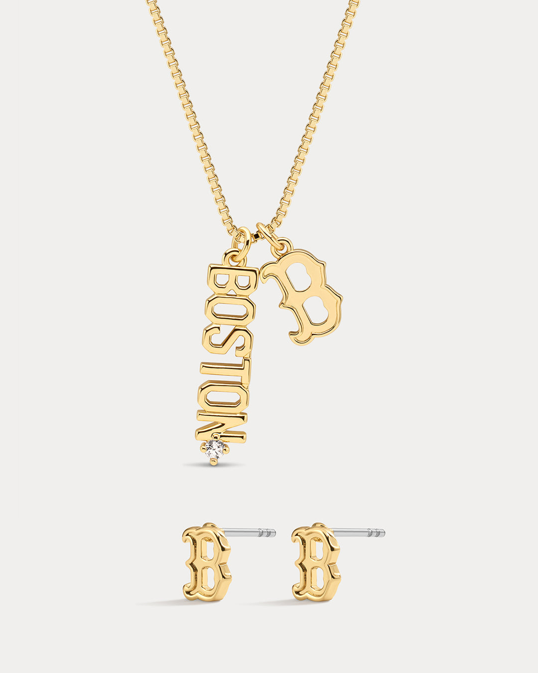 Bijoux MLB Logo Studs & Layered Nameplate Necklace Bundle - Gold