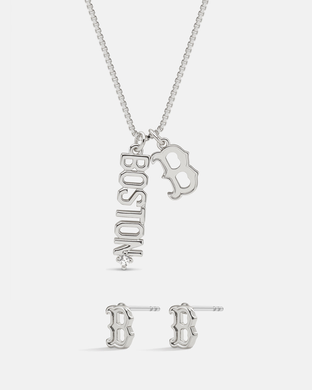 Bijoux MLB Logo Studs & Layered Nameplate Necklace Bundle - Silver