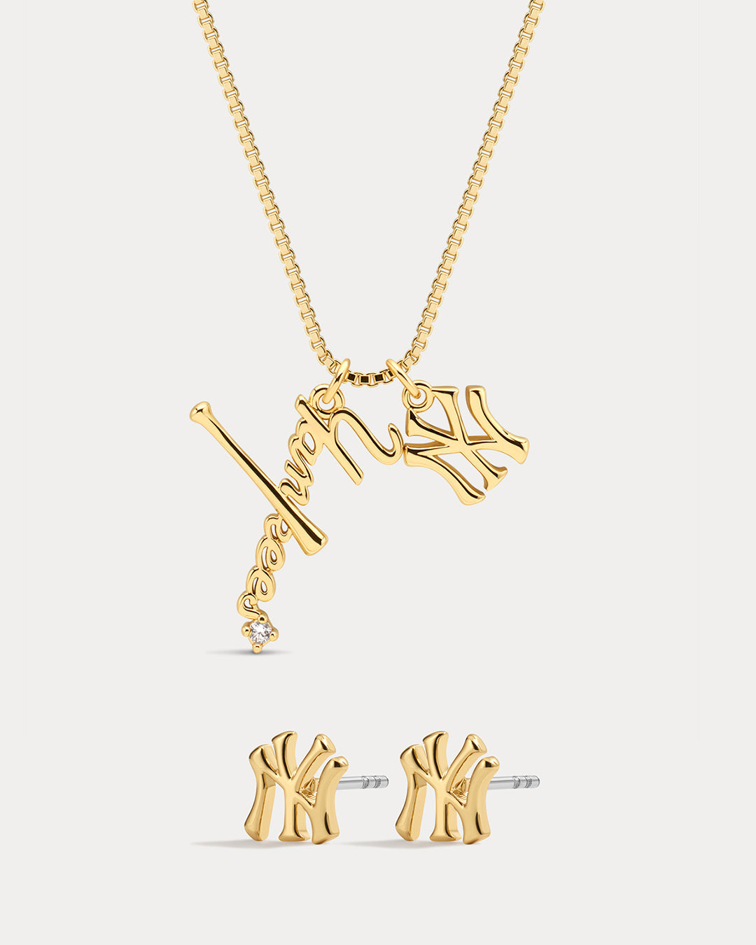 Bijoux MLB Logo Studs & Layered Nameplate Necklace Bundle - Gold