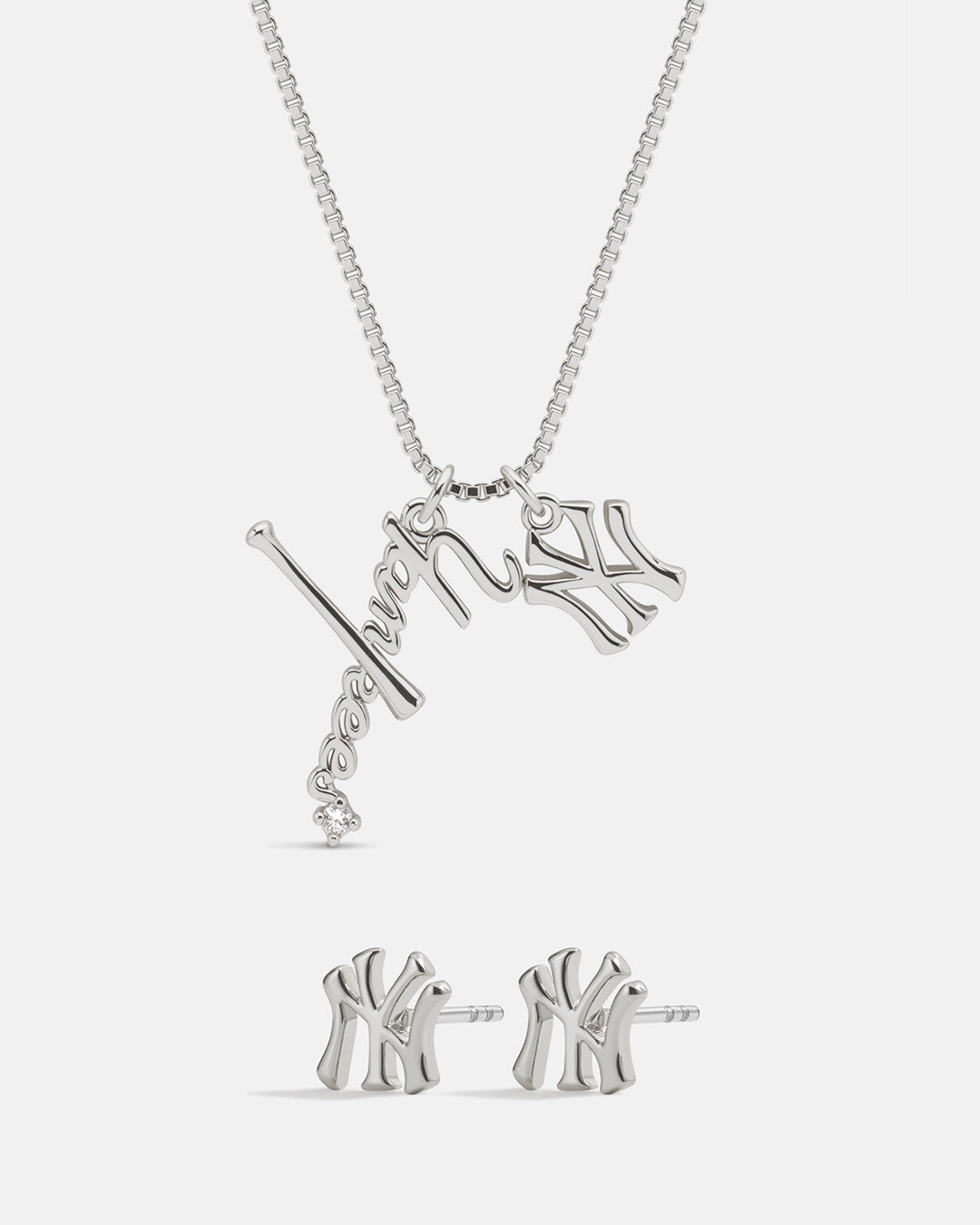 Bijoux MLB Logo Studs & Layered Nameplate Necklace Bundle - Silver