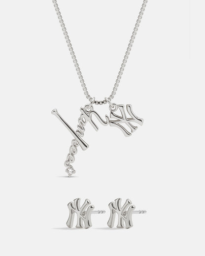 Bijoux MLB Logo Studs & Layered Nameplate Necklace Bundle - Silver