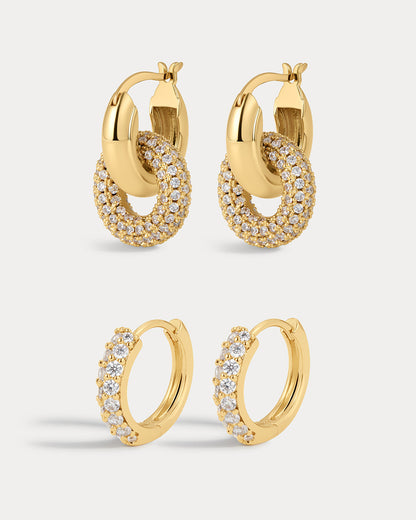 Baby Pave Huggies & Pave Interlock Hoops - Gold