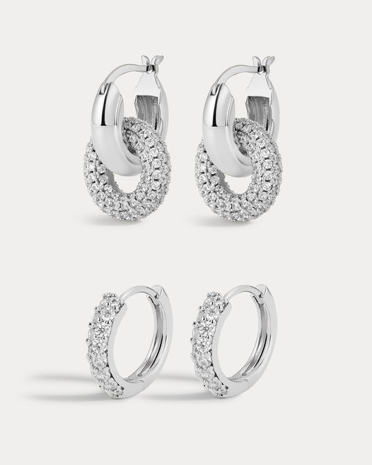 Baby Pave Huggies & Pave Interlock Hoops - Silver