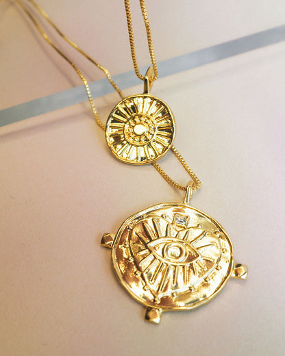 Evil Eye Double Coin Necklace- Gold