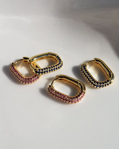 Pave Chain Link Huggies- Pink- Gold