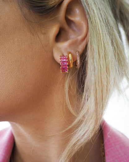 Pave Chain Link Huggies- Pink- Gold