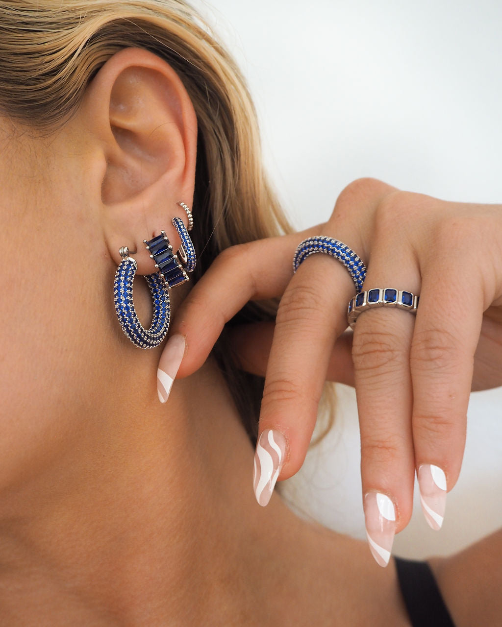 Emerald Ballier Huggies- Blue Sapphire- Silver