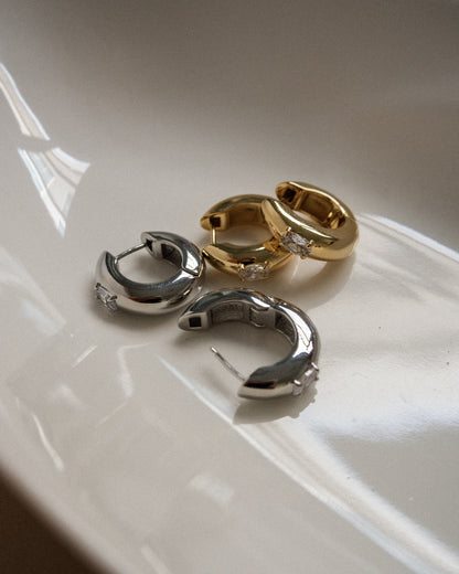 Stone Orb Hoops- Silver