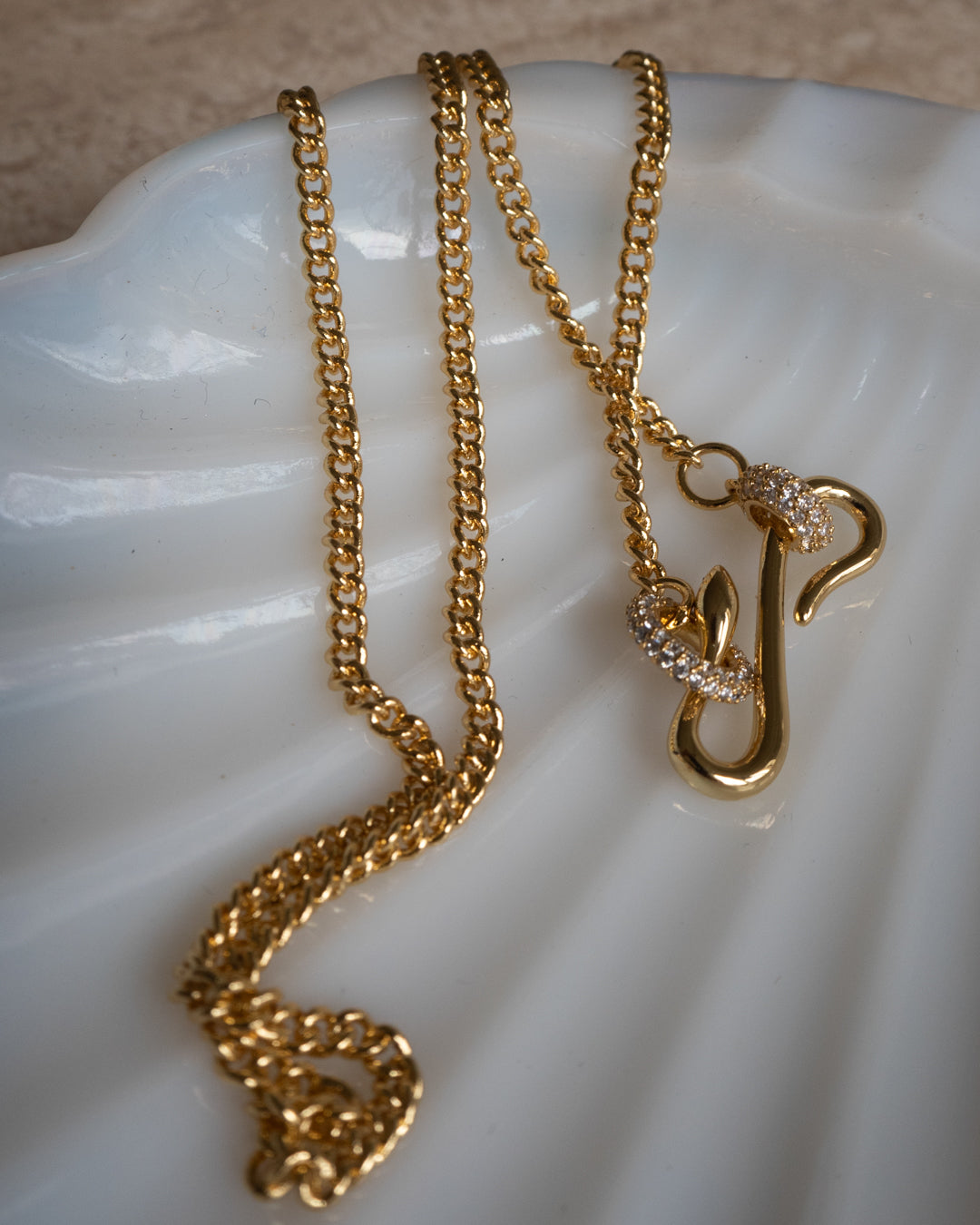 Pave Hook Charm Necklace- Gold