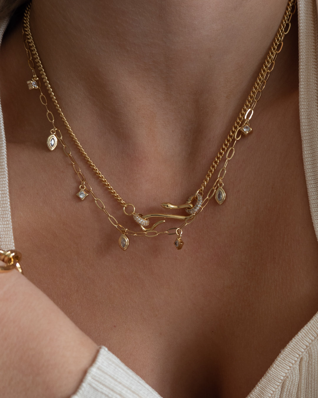 Pave Hook Charm Necklace- Gold