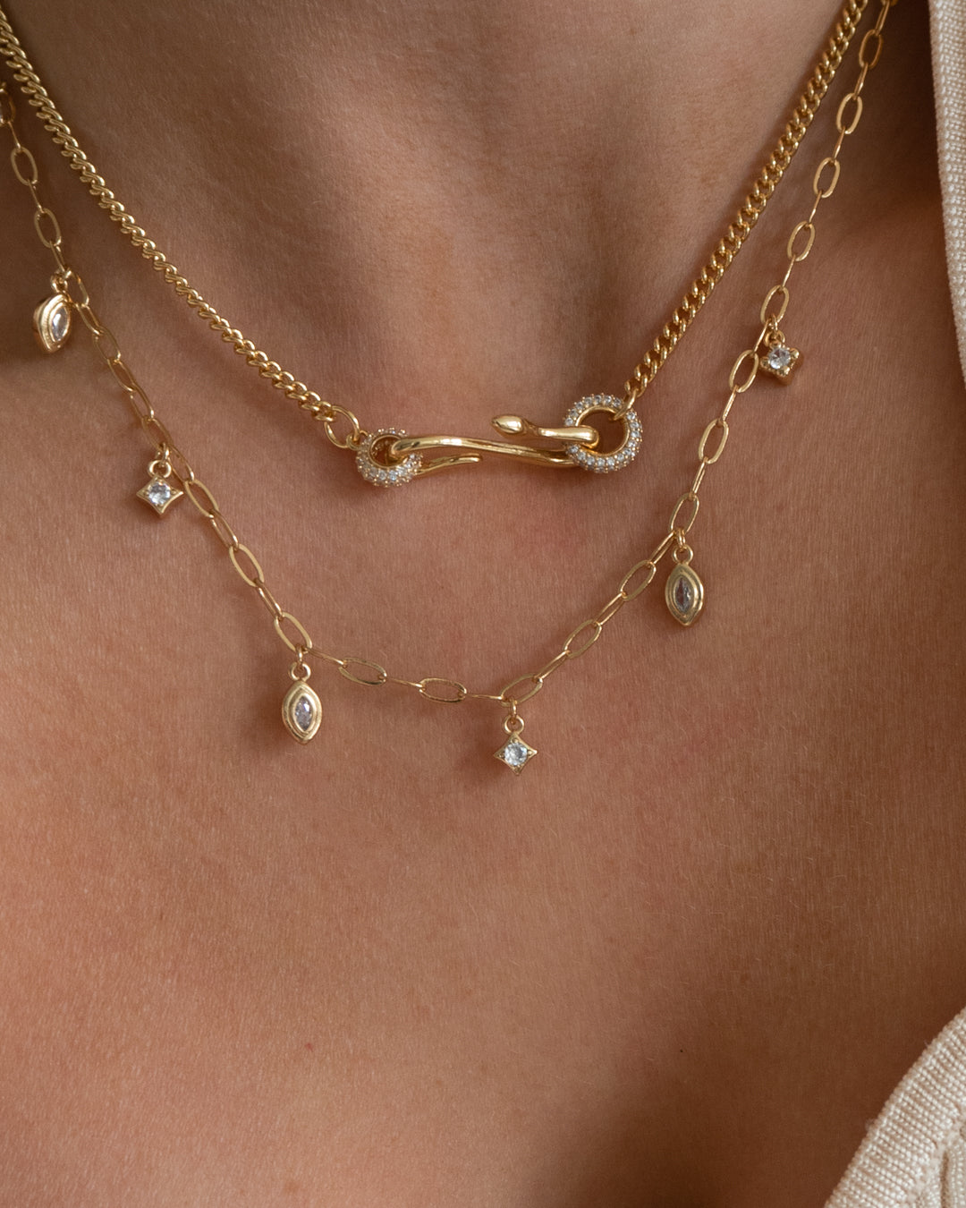 Pave Hook Charm Necklace- Gold