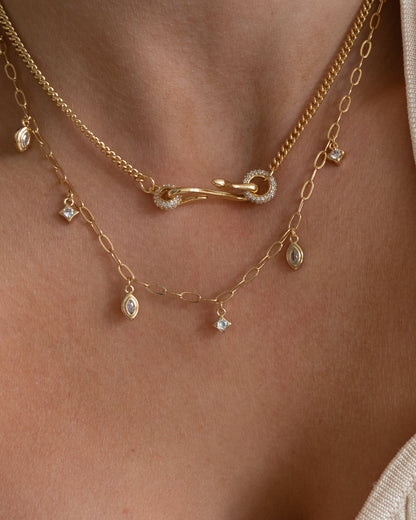 Pave Hook Charm Necklace- Gold