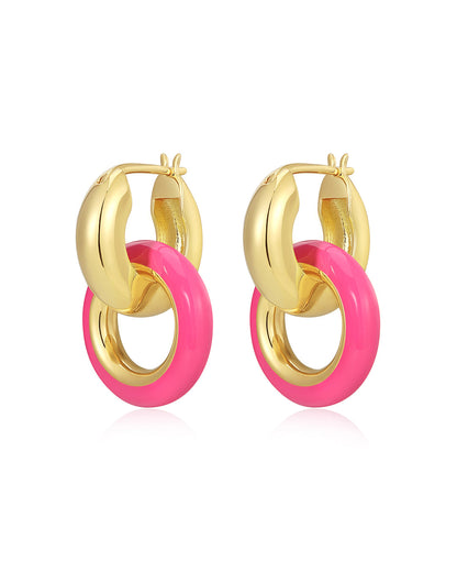 Pave Interlock Hoops- Hot Pink- Gold