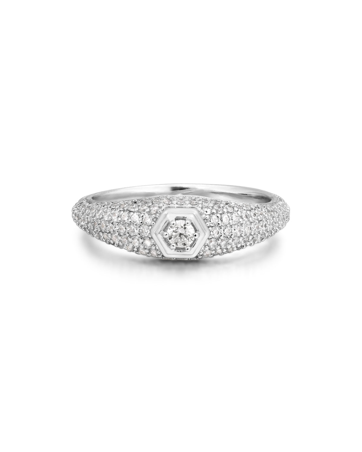 Pave Hex Signet Ring- Silver