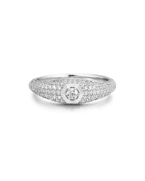 Pave Hex Signet Ring- Silver
