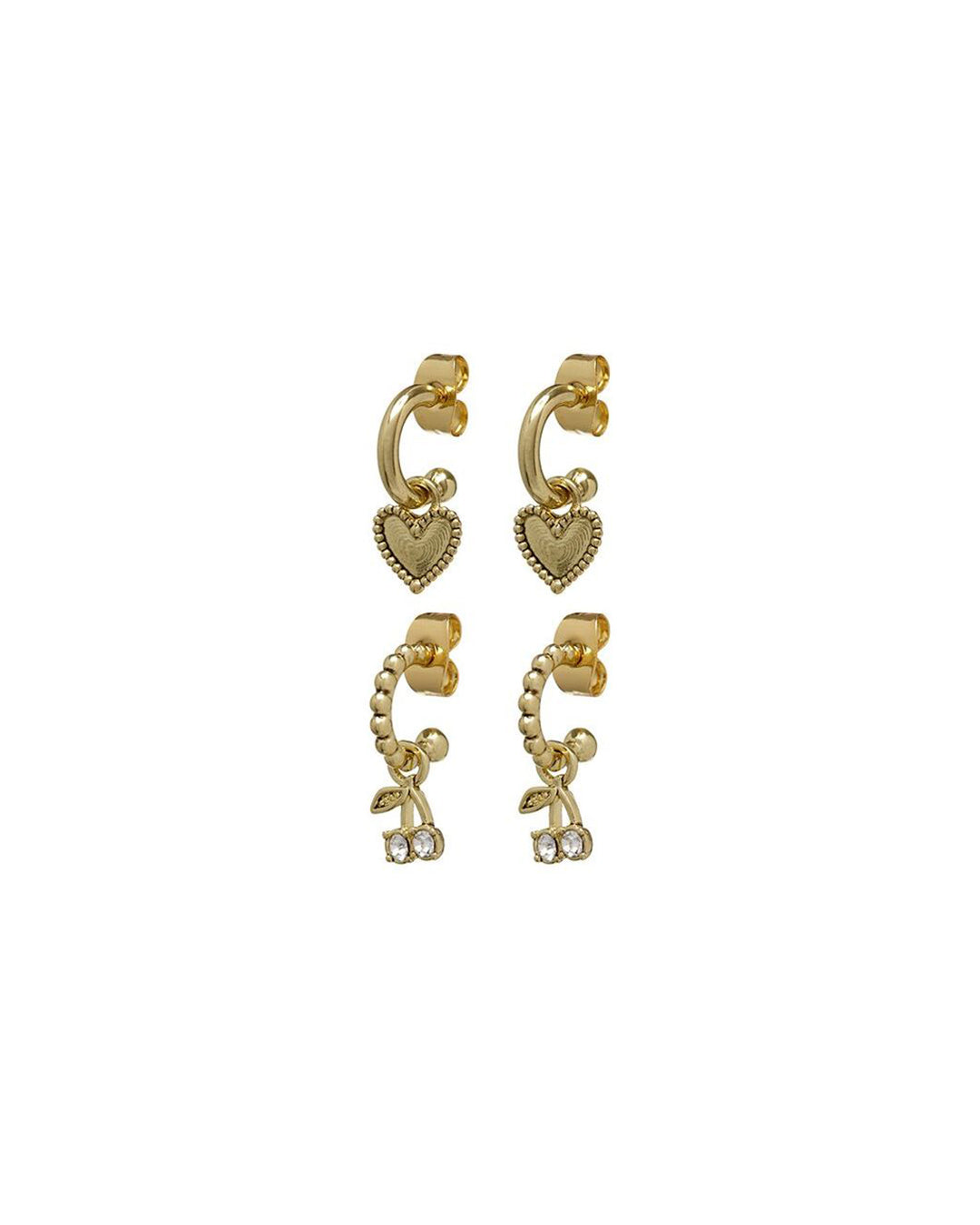 Cherry + Heart Studded Huggies- Gold