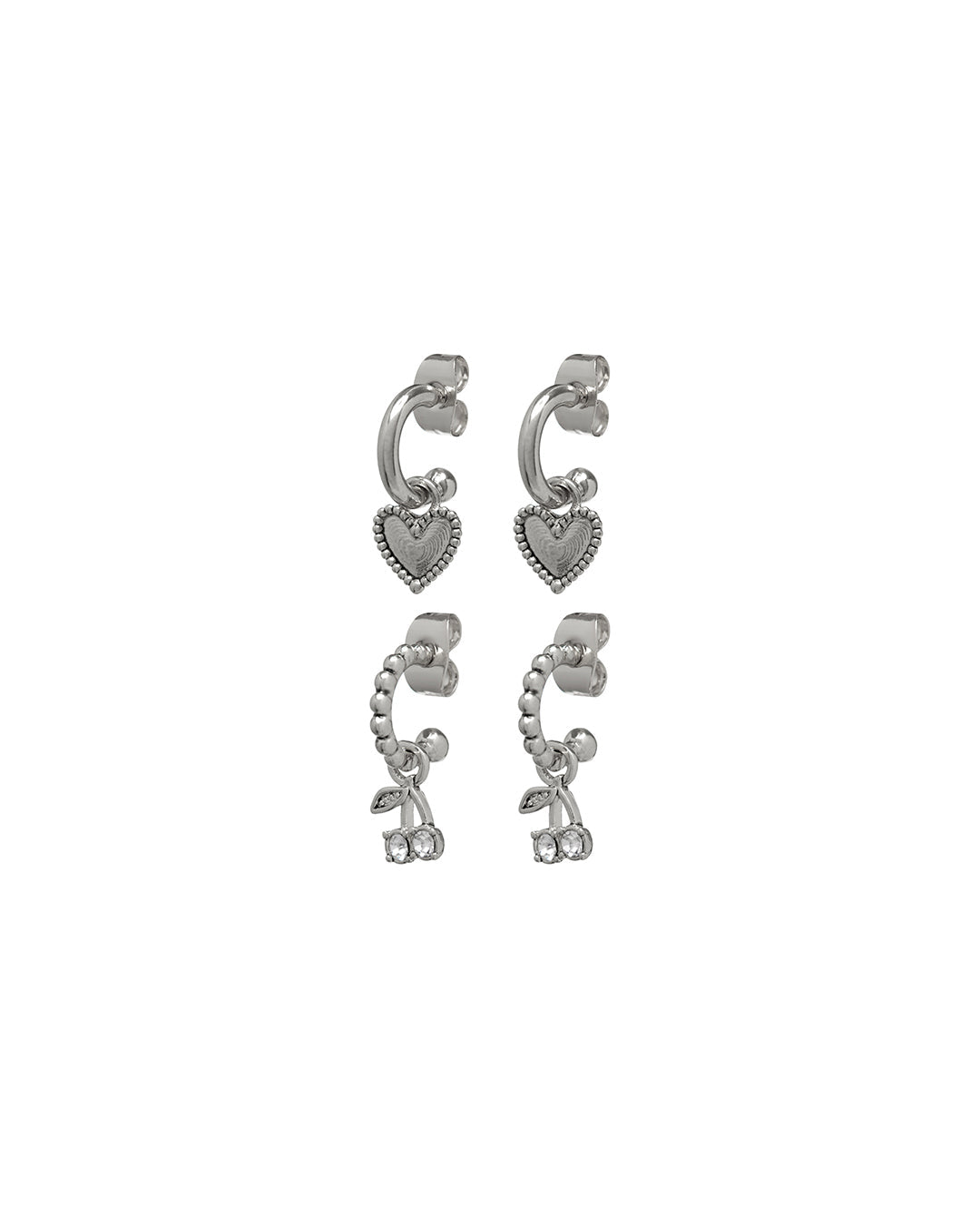 Cherry + Heart Studded Huggies- Silver