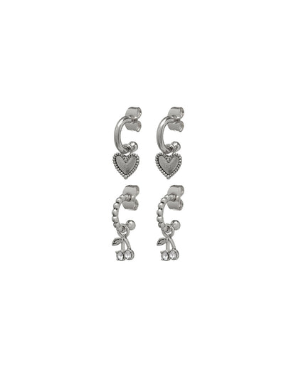 Cherry + Heart Studded Huggies- Silver