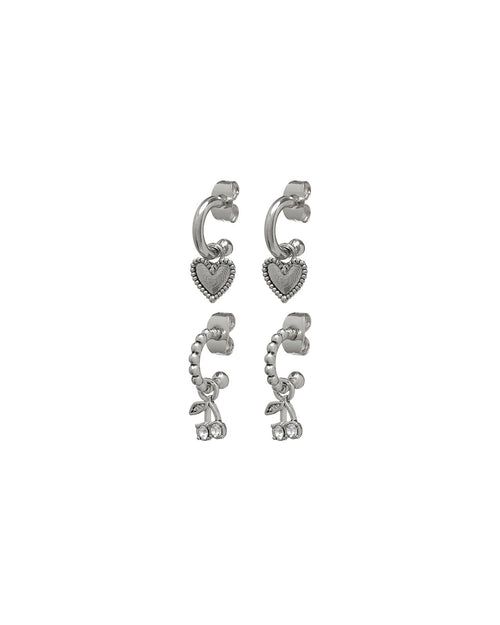 Cherry + Heart Studded Huggies- Silver