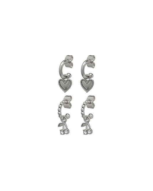 Cherry + Heart Studded Huggies- Silver