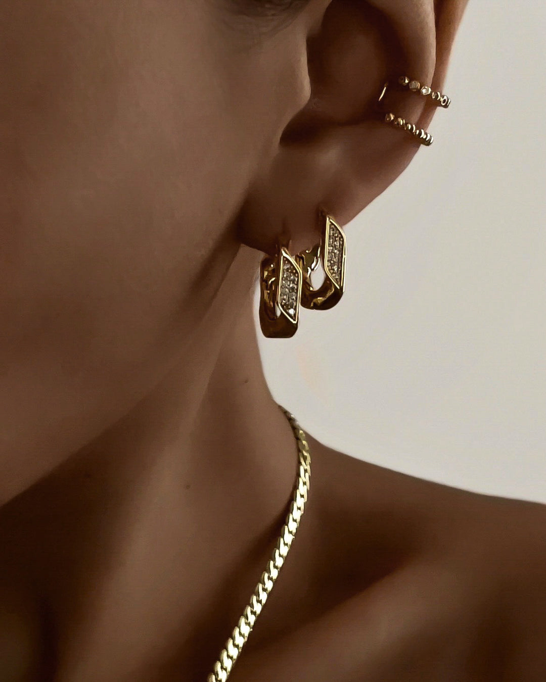 Pave Cuban Link Hoops- Gold