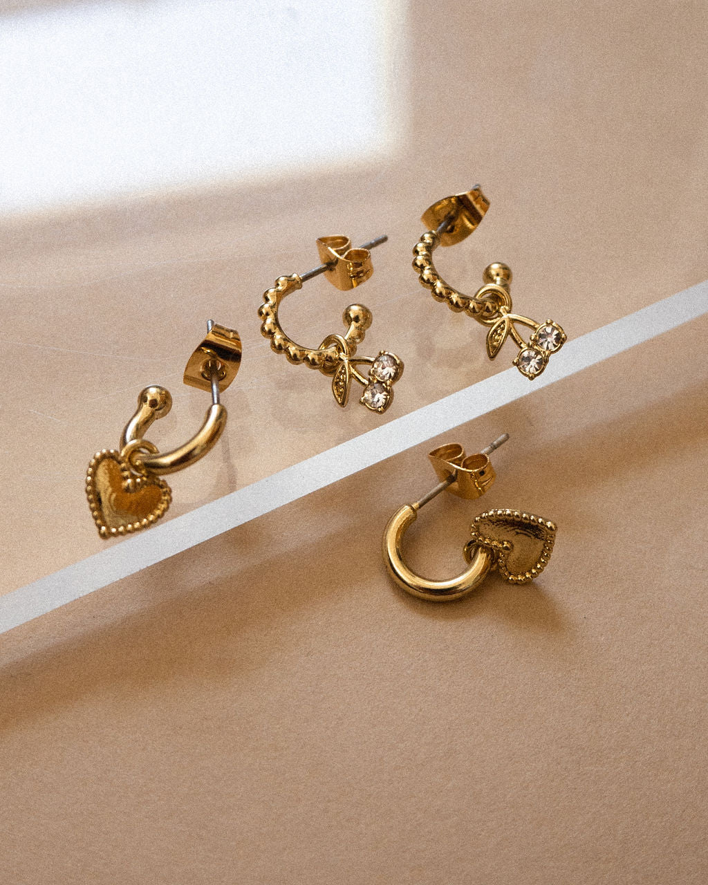 Cherry + Heart Studded Huggies- Gold