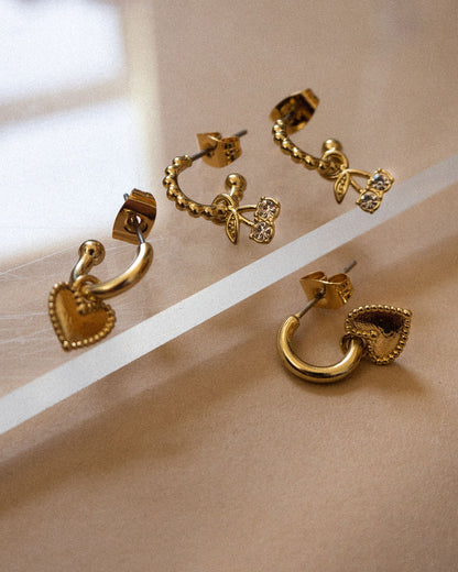 Cherry + Heart Studded Huggies- Gold